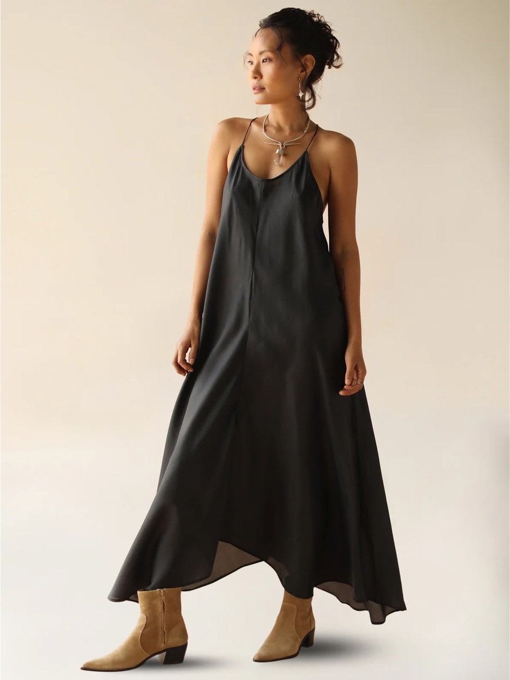 Meo Meli Made in Italy Silk Viscose Black Maxi Dress | Spaghetti Strap | Flowy